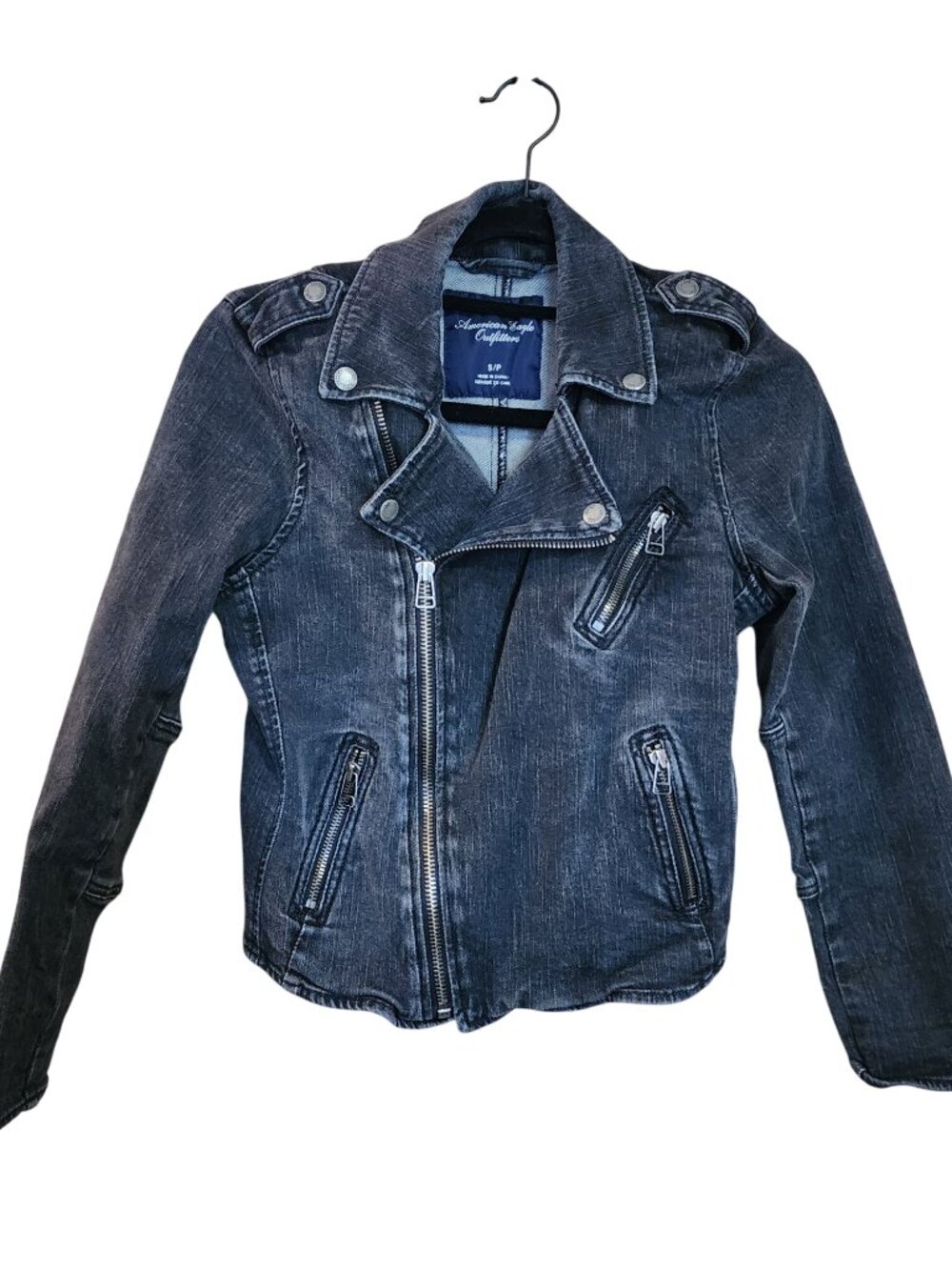 American Eagle Y2K 2000s Black Denim Jean Jacket Moto Zip Biker Crop Womens Siz